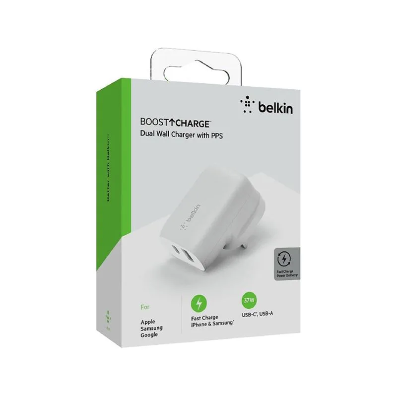 شارژر دیواری Belkin فست شارژ 37 وات USB-C,A WCB007